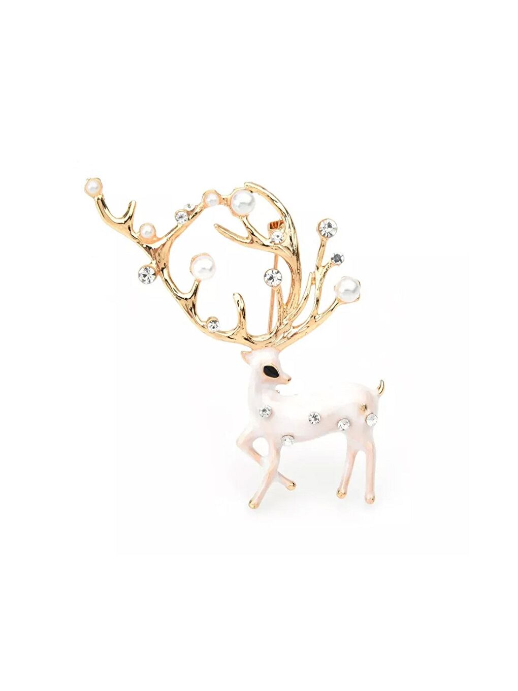 Sarı Yılbaşı Kristal ve İnci Beyazı Ren Geyiği Broş Yaka İğnesi-2