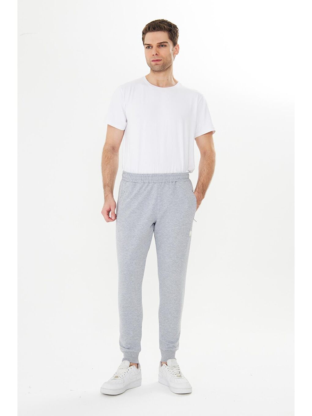 Erkek Pamuklu Fermuarlı Cepli Eşofman Altı Gri Melanj 7819-G.M-2