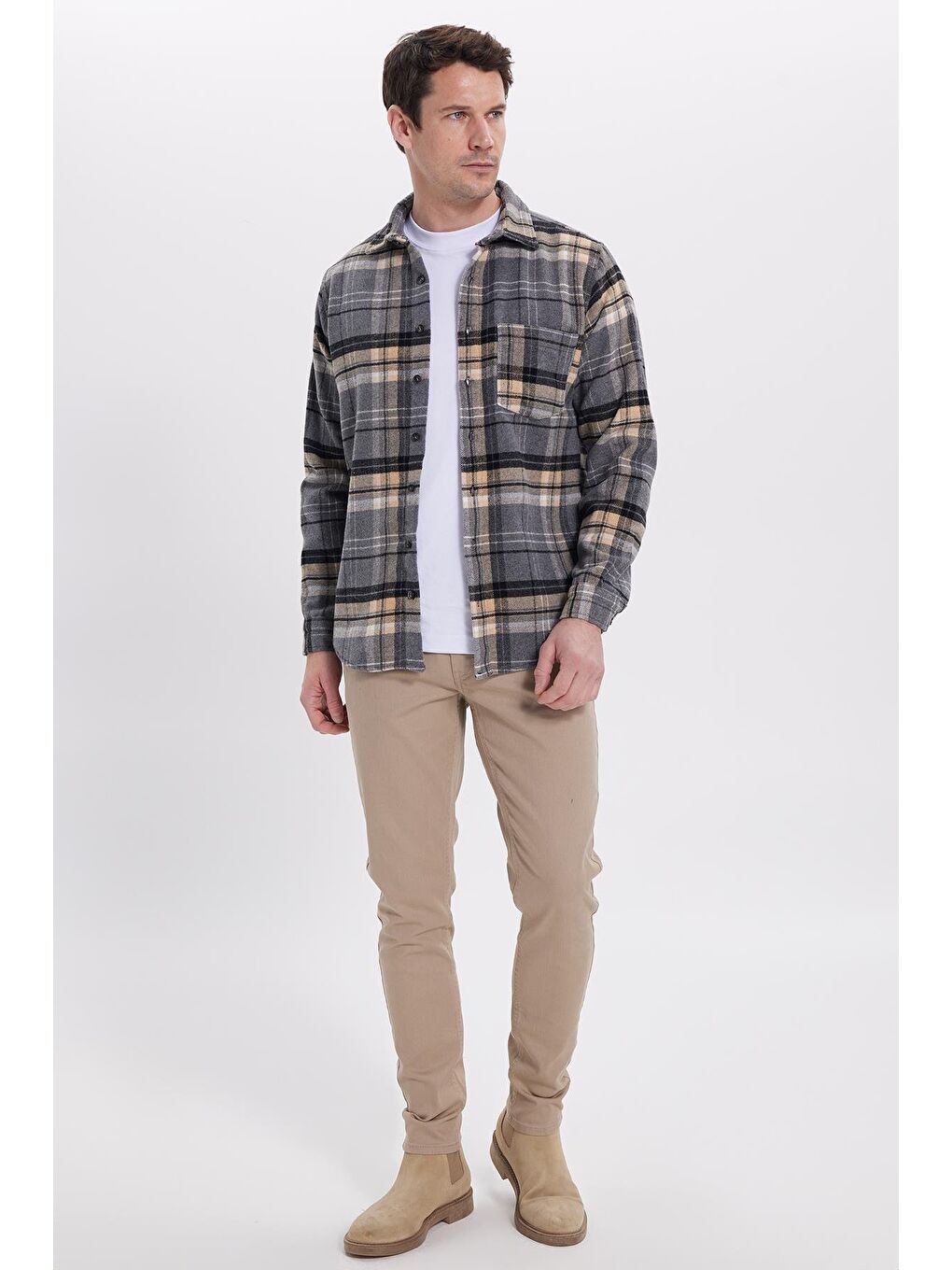 Gri Erkek Regular Fit Rahat Kesim Kışlık Kareli Oduncu Gömlek-3