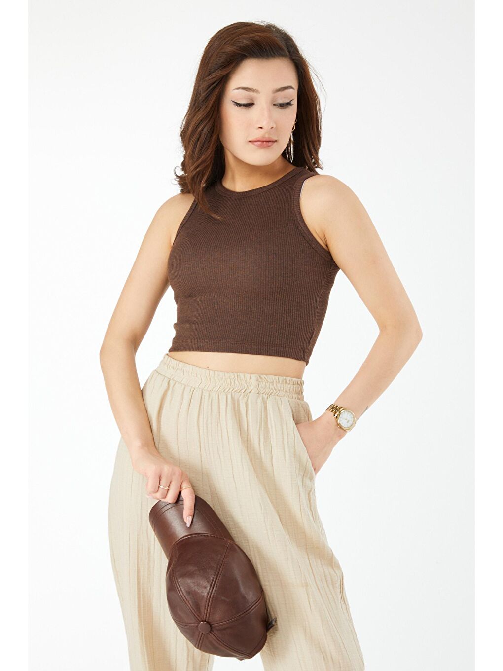 Bisiklet Yaka Kadın Kahverengi Kısa Kollu Crop - 24438