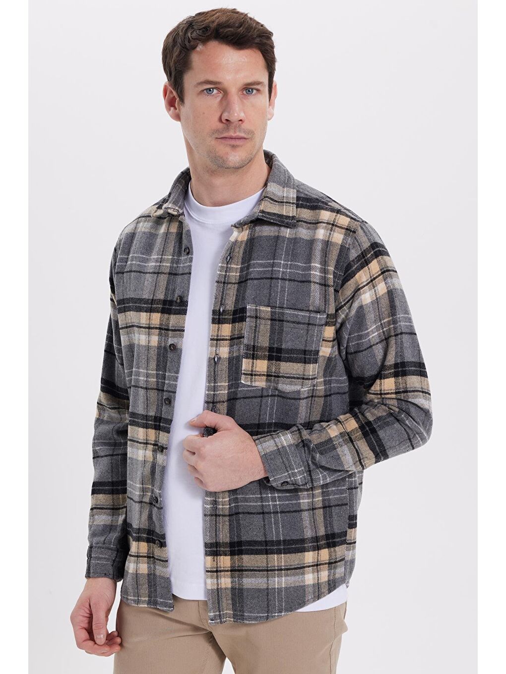 Gri Erkek Regular Fit Rahat Kesim Kışlık Kareli Oduncu Gömlek-4