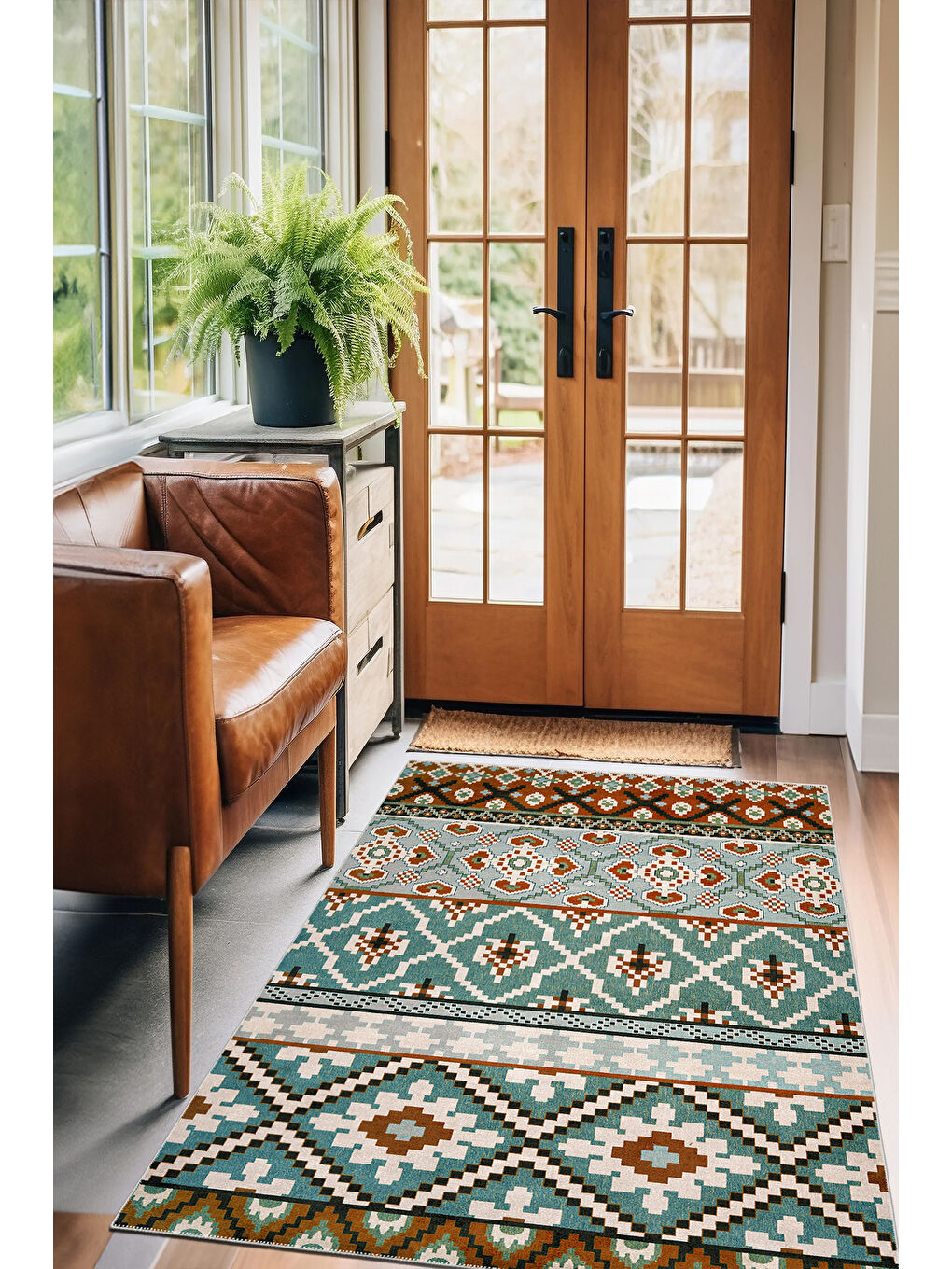 Mavi Dekoratif Salon Halısı, Makinada Yıkanabilir, Kaymaz Taban, İnce & Modern Tasarım-1