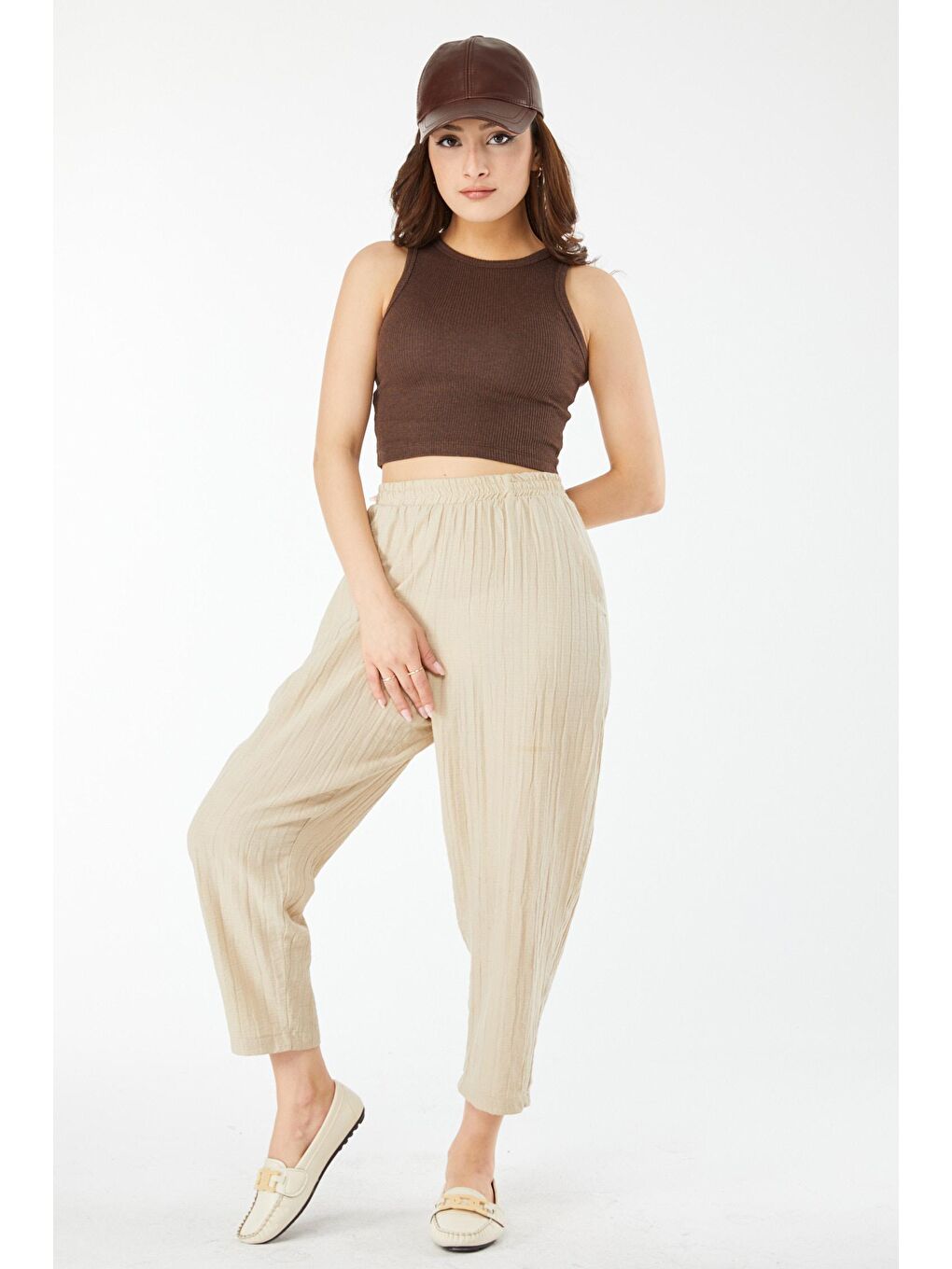 Bisiklet Yaka Kadın Kahverengi Kısa Kollu Crop - 24438-1