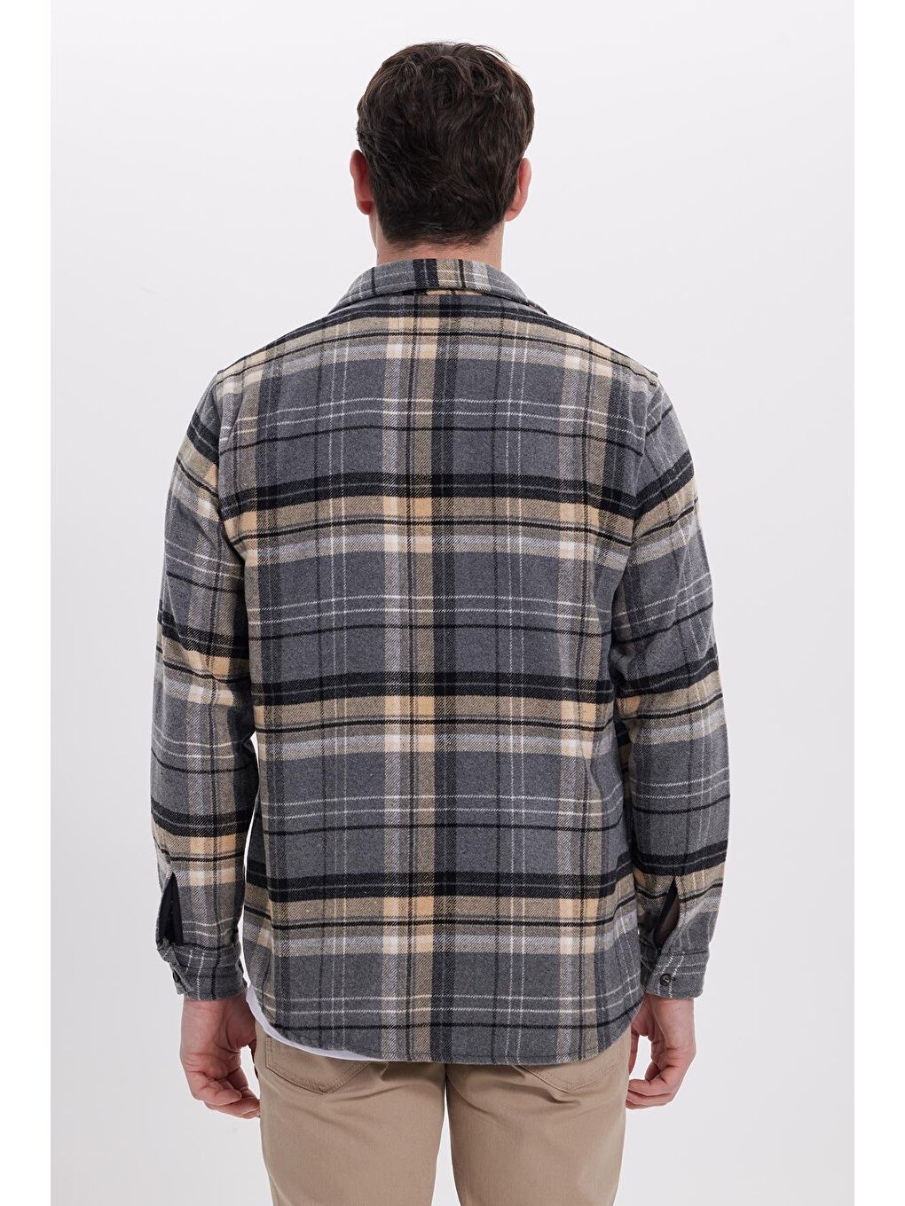 Gri Erkek Regular Fit Rahat Kesim Kışlık Kareli Oduncu Gömlek-6