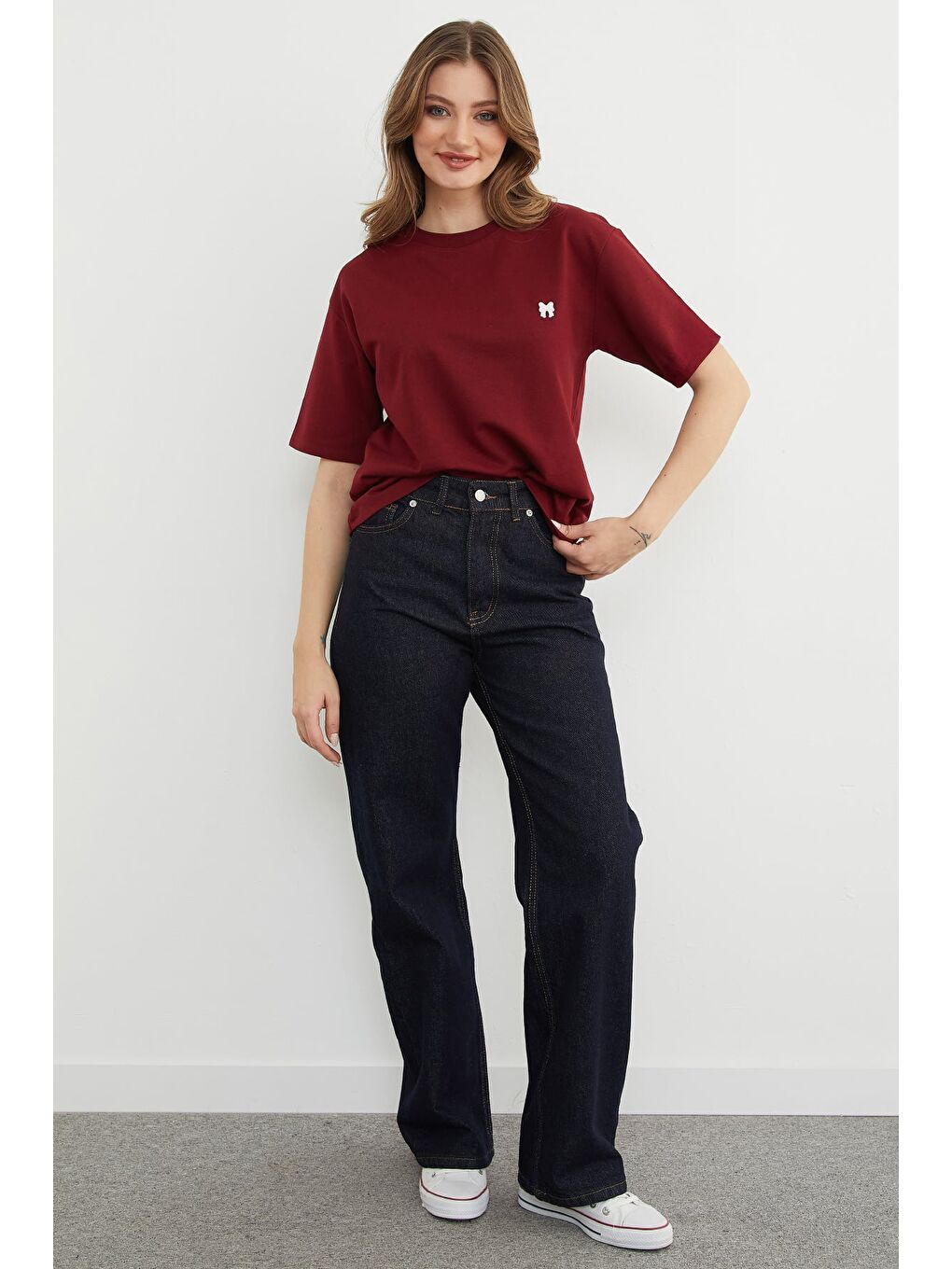 Bordo Basic Fiyonk Nakışlı Bisiklet Yaka Tişört-3