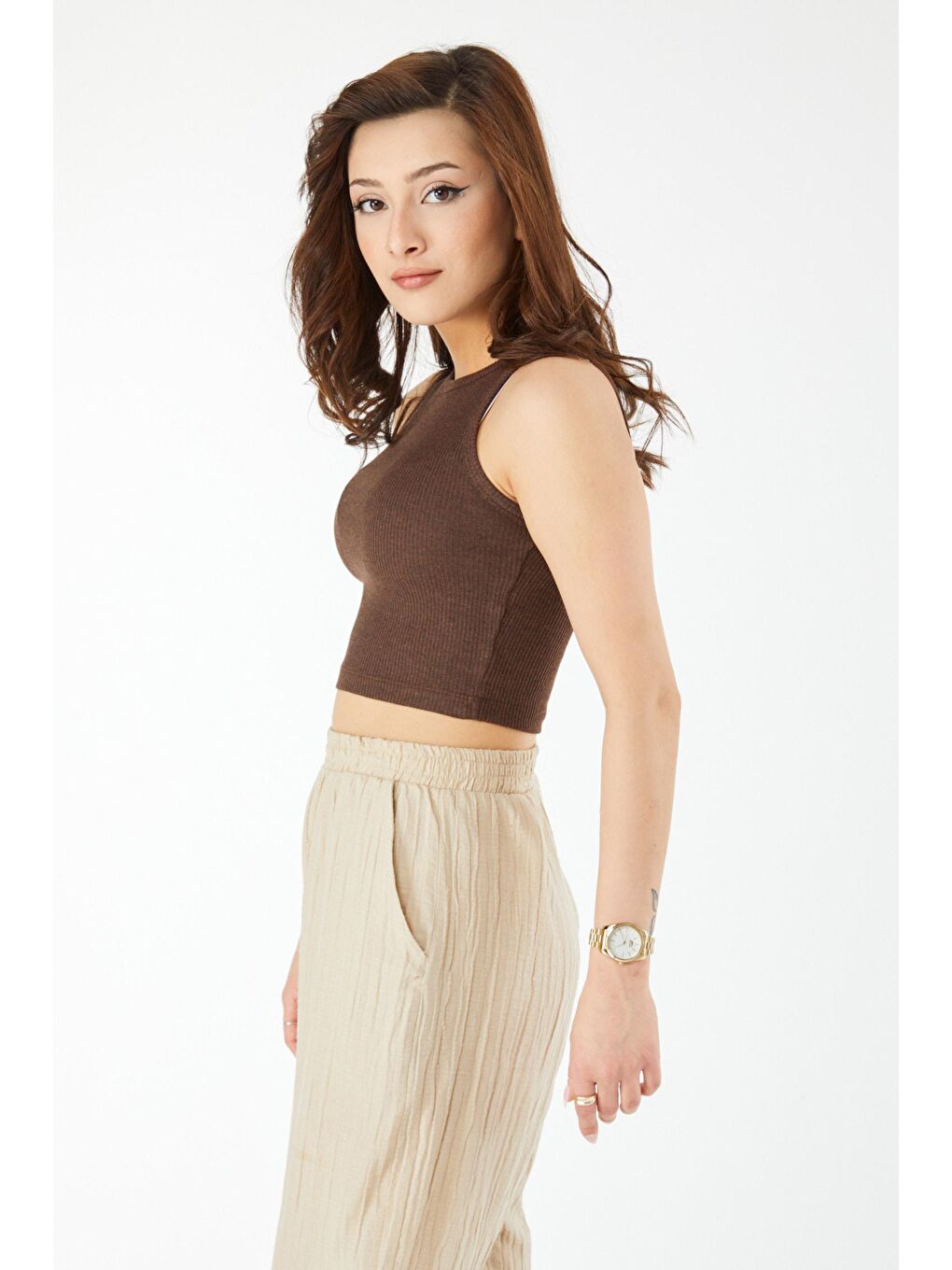 Bisiklet Yaka Kadın Kahverengi Kısa Kollu Crop - 24438-2