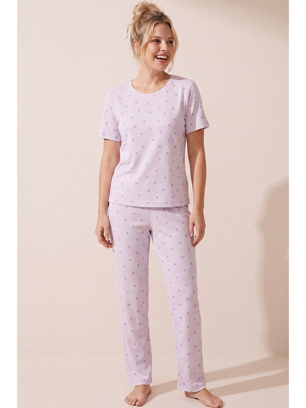 Karışık Pamuklu Fitilli Kaşkorse Örme Pijama Takım 26120402-1