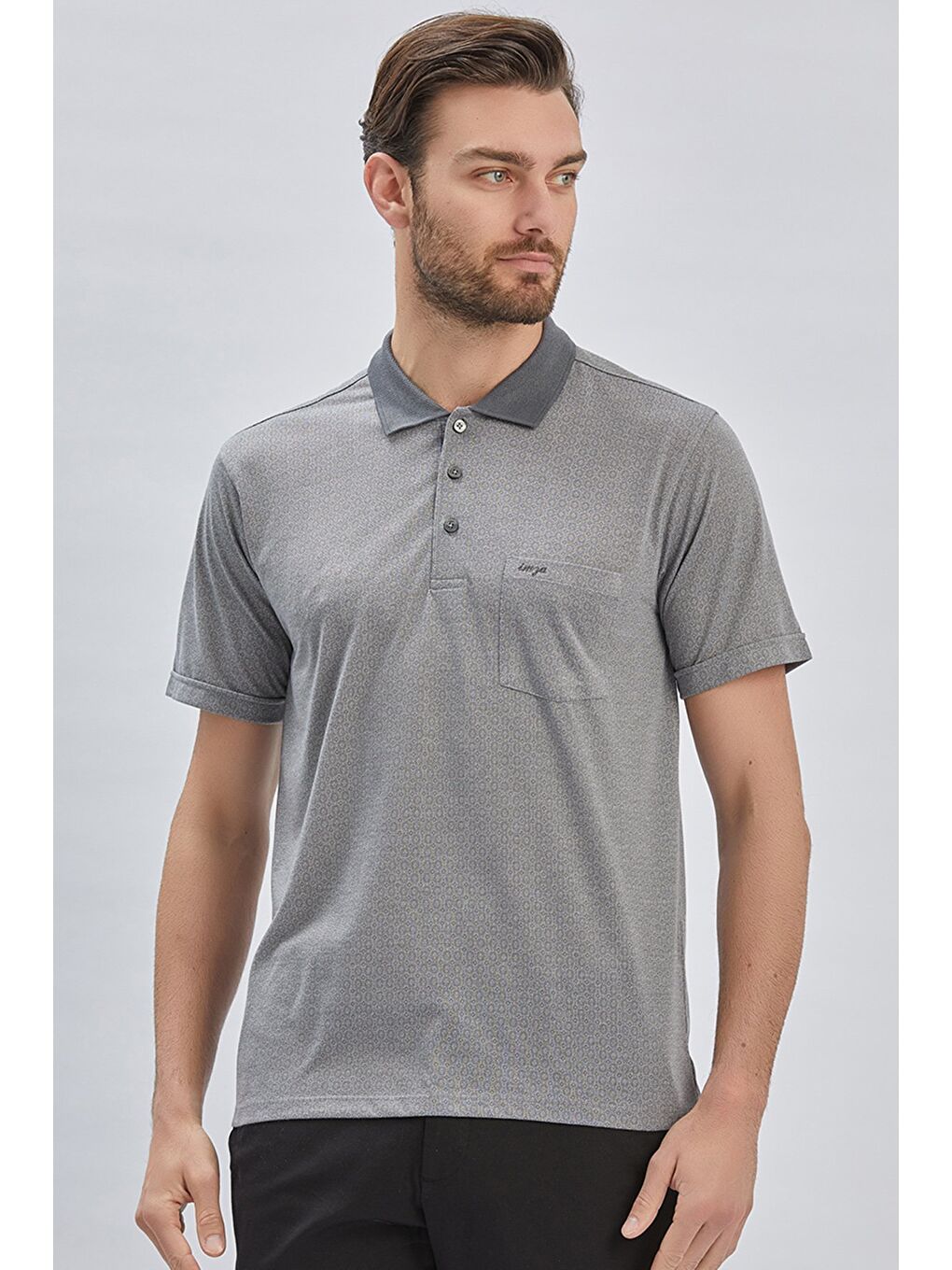 Gri Füme Desenli Jakarlı Polo Yaka Cepli Klasik Comfort Fit Rahat Kesim Tişört 1011240172-1