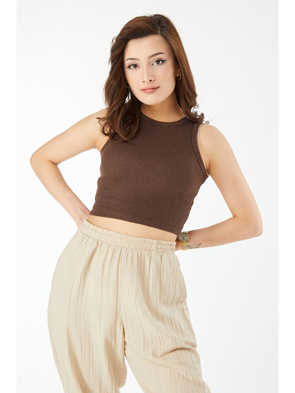 Bisiklet Yaka Kadın Kahverengi Kısa Kollu Crop - 24438-3