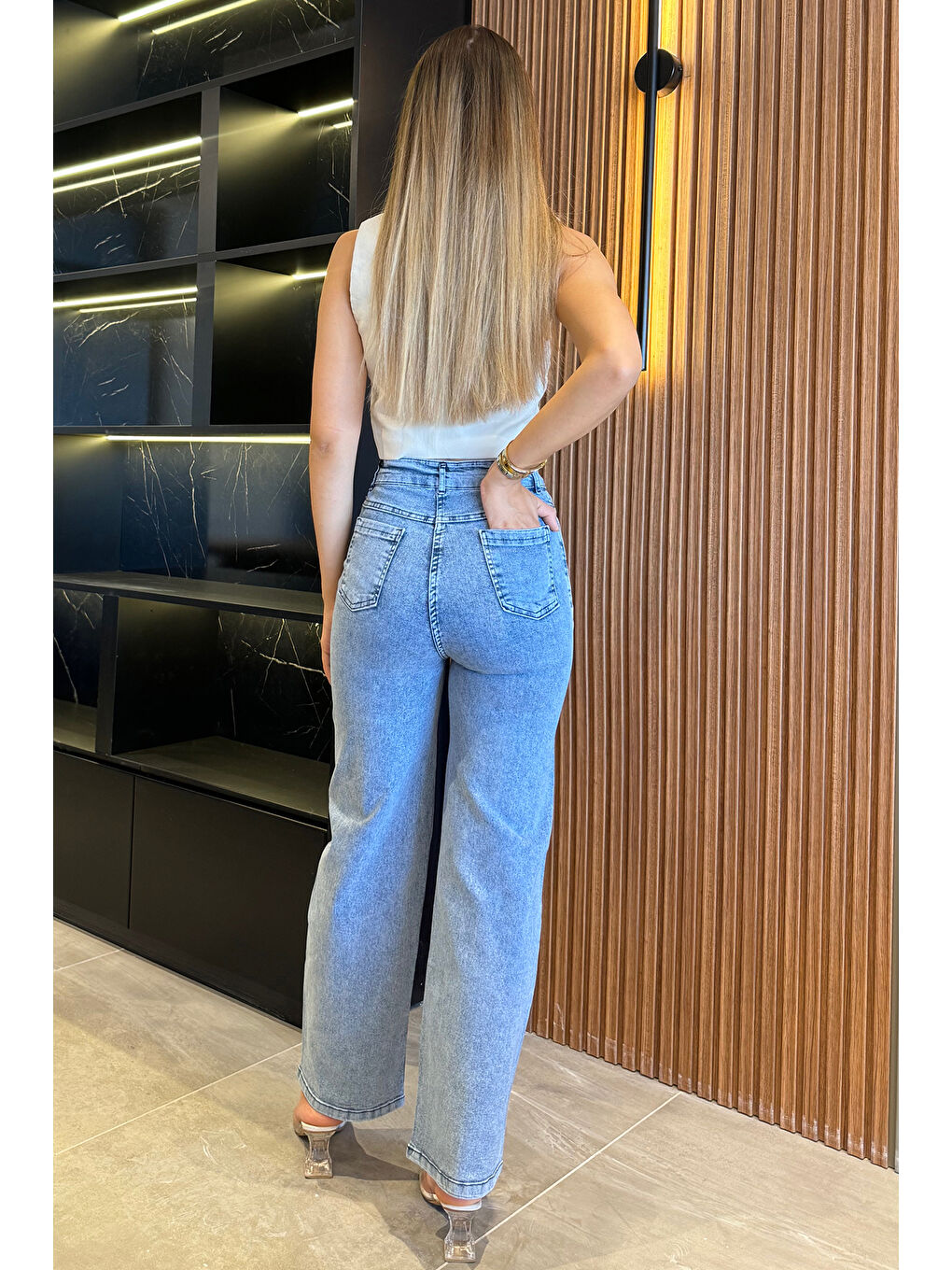 Mavi Yüksel Bel Taş Detaylı Palazzo Jean Pantolon-6