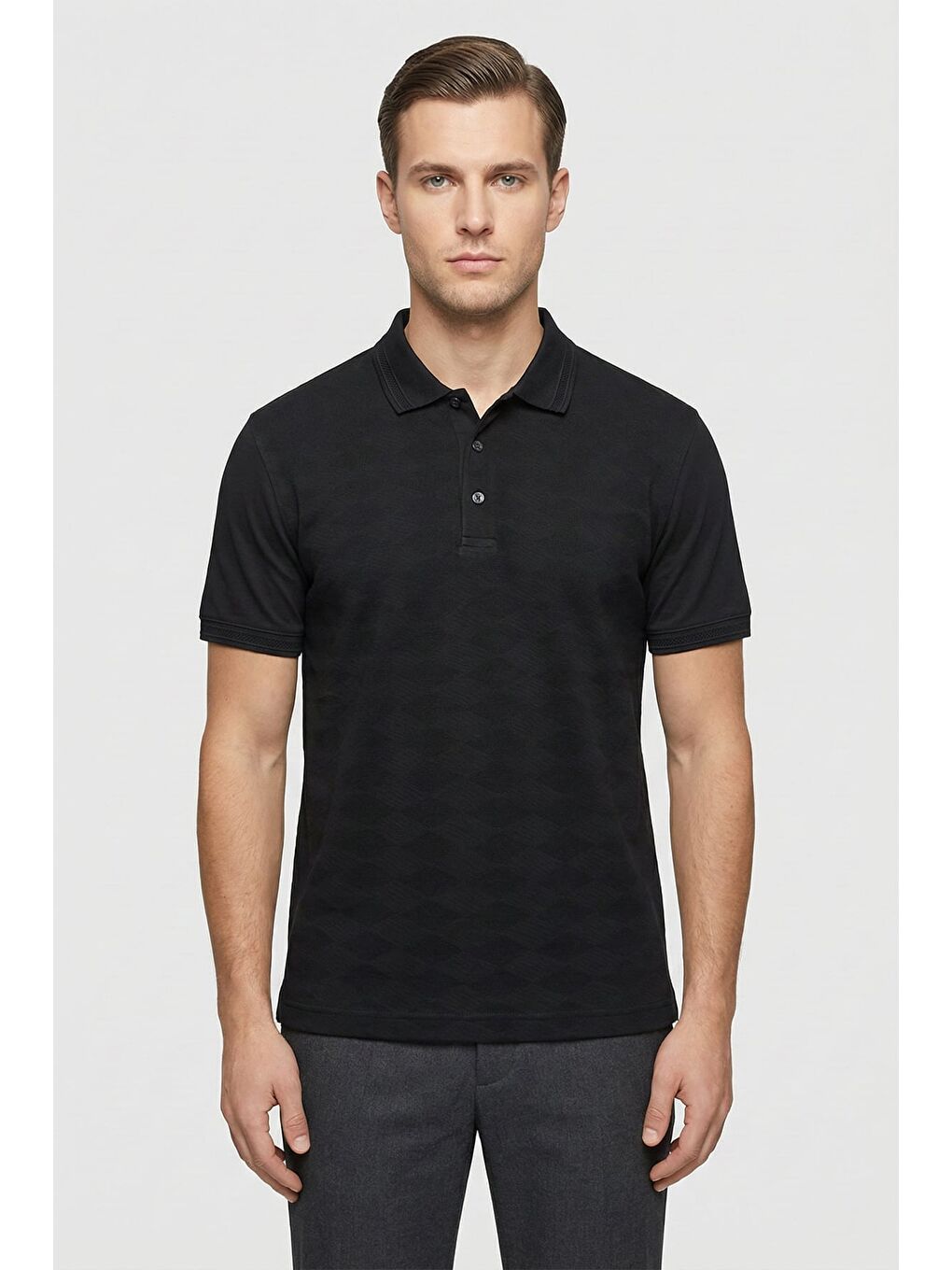 Giotelli Siyah Desenli Comfort Fit %100 Pamuk Polo Yaka Düğmeli Kısa Kol Erkek T-Shirt