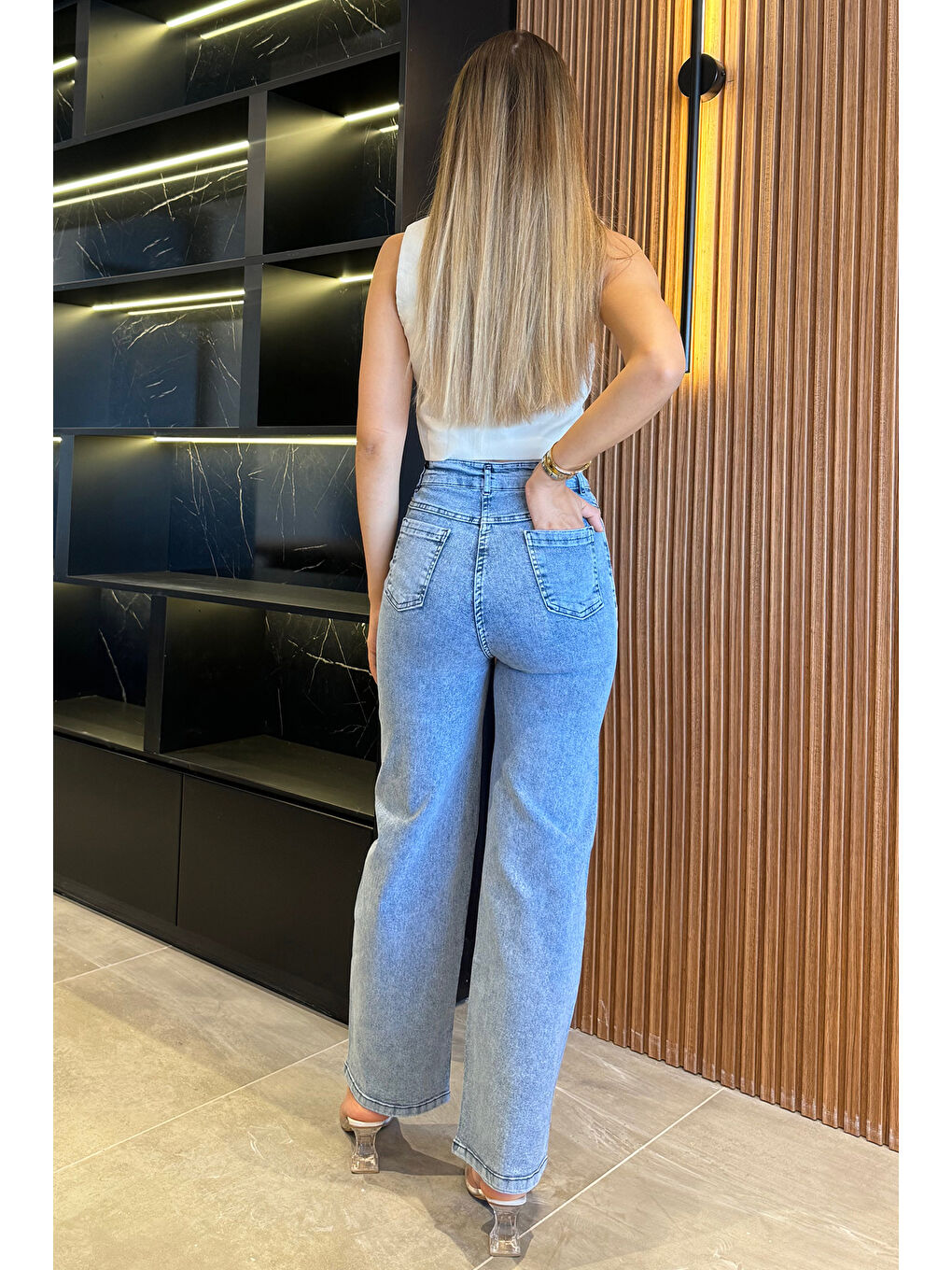 Mavi Yüksel Bel Taş Detaylı Palazzo Jean Pantolon-7