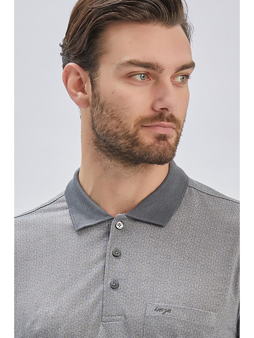 Gri Füme Desenli Jakarlı Polo Yaka Cepli Klasik Comfort Fit Rahat Kesim Tişört 1011240172-5