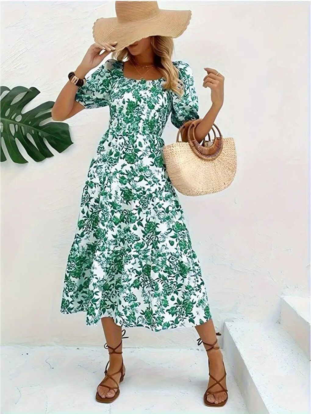 Yeşil Kadın Kısa Kollu Kare Yakalı Lastikli Desenli Süprem Elbise-1