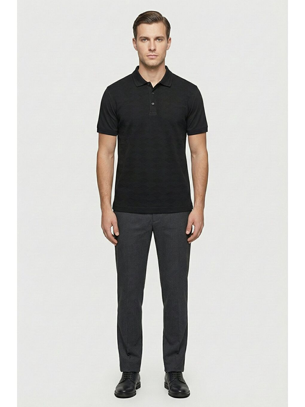 Giotelli Siyah Desenli Comfort Fit %100 Pamuk Polo Yaka Düğmeli Kısa Kol Erkek T-Shirt-1