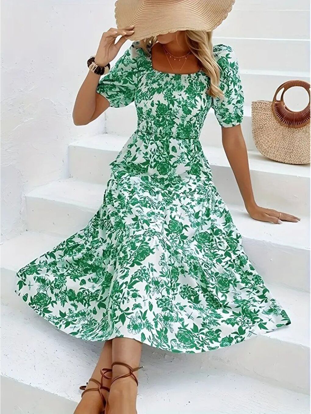 Yeşil Kadın Kısa Kollu Kare Yakalı Lastikli Desenli Süprem Elbise-2