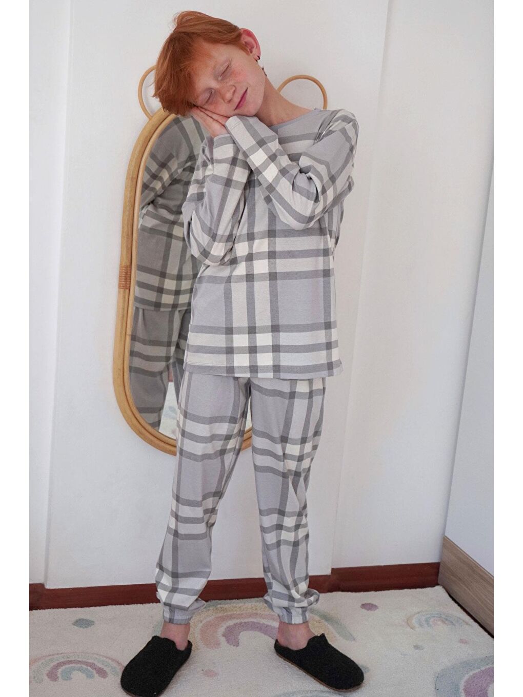 Erkek Çocuk Pijama Takımı Ekose Desenli Gri (10 Yaş)