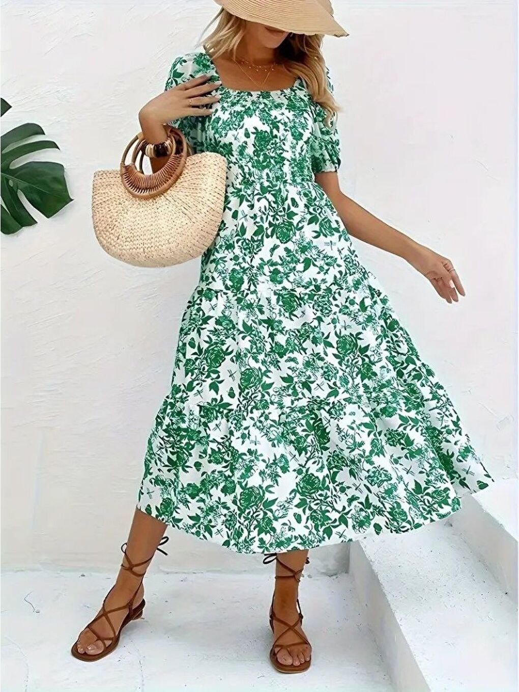 Yeşil Kadın Kısa Kollu Kare Yakalı Lastikli Desenli Süprem Elbise-3