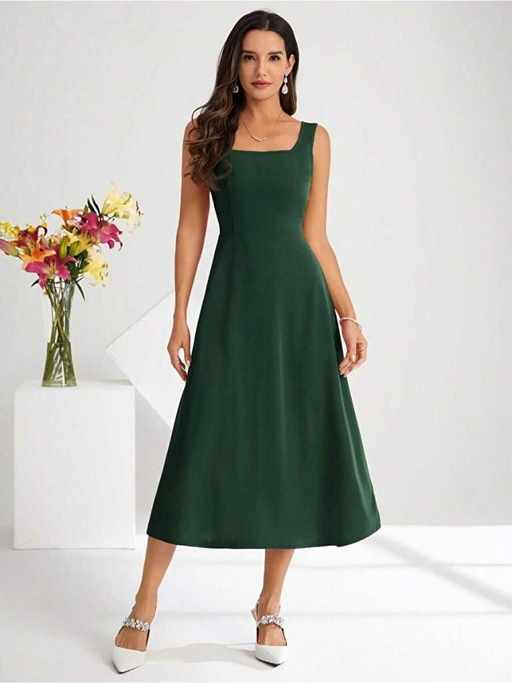 Yeşil Kadın Askılı Kare Yakalı Midi Ithal Krep Elbise-1