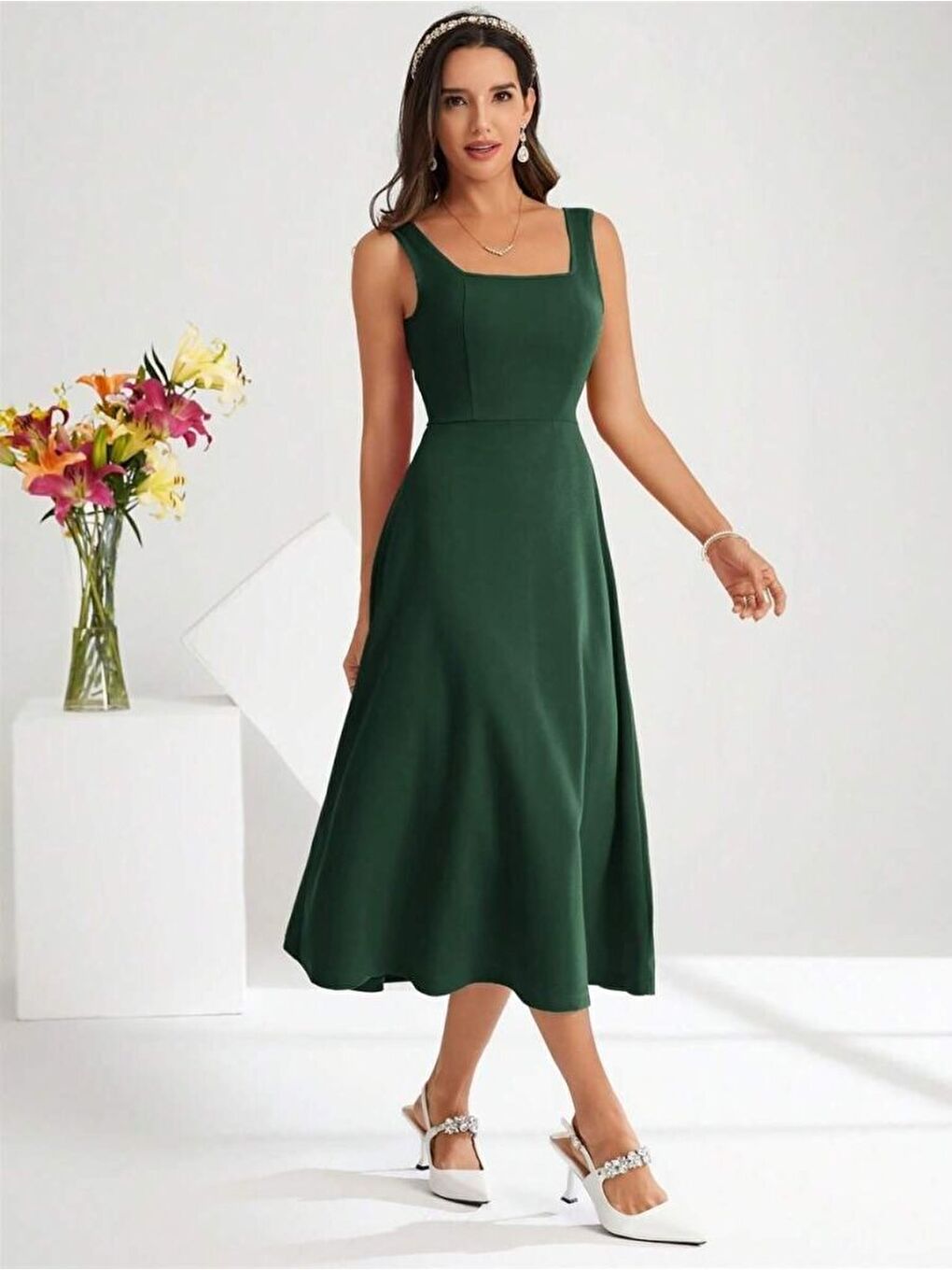 Yeşil Kadın Askılı Kare Yakalı Midi Ithal Krep Elbise-2