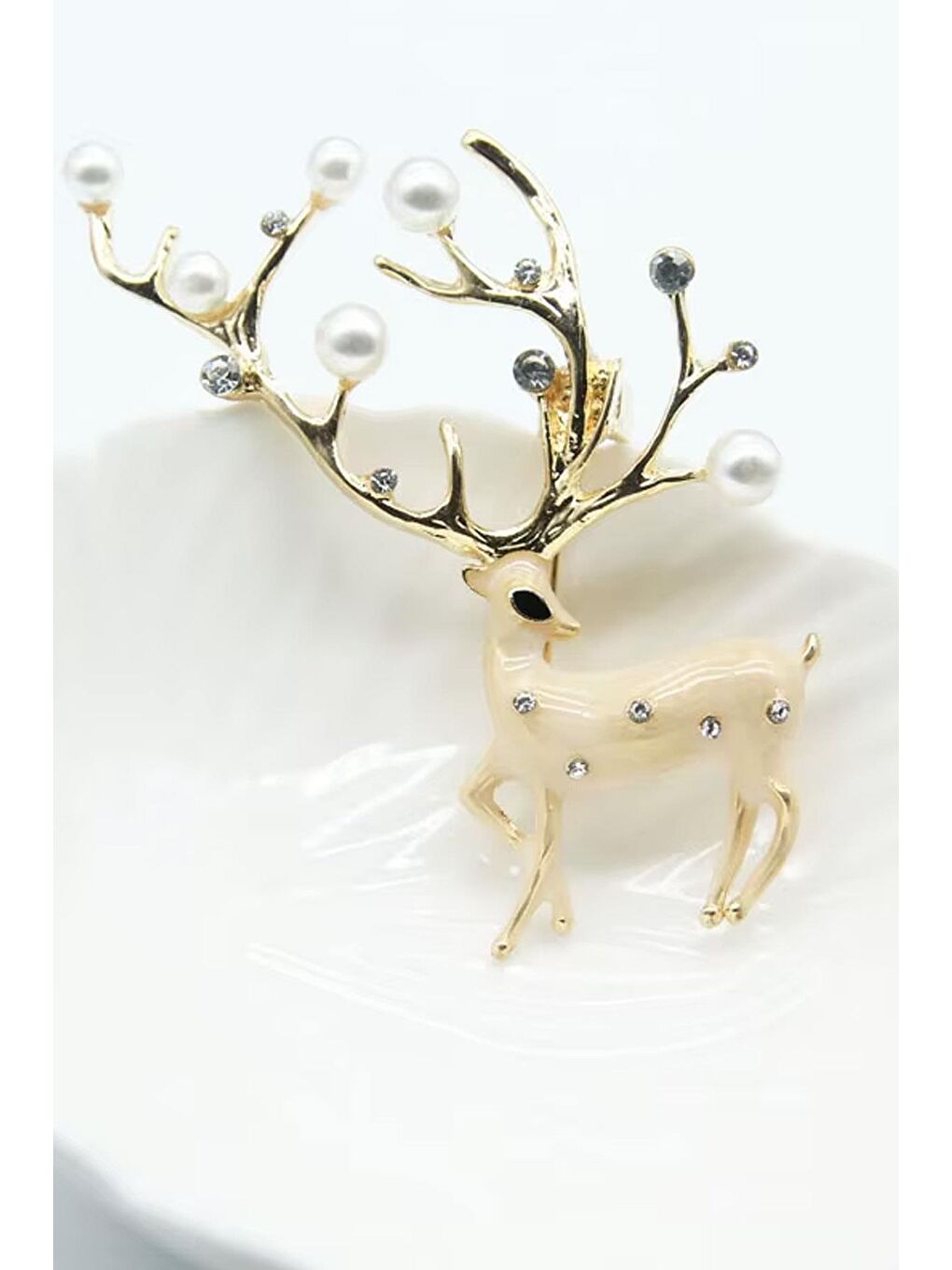 Sarı Yılbaşı Kristal ve İnci Beyazı Ren Geyiği Broş Yaka İğnesi-6