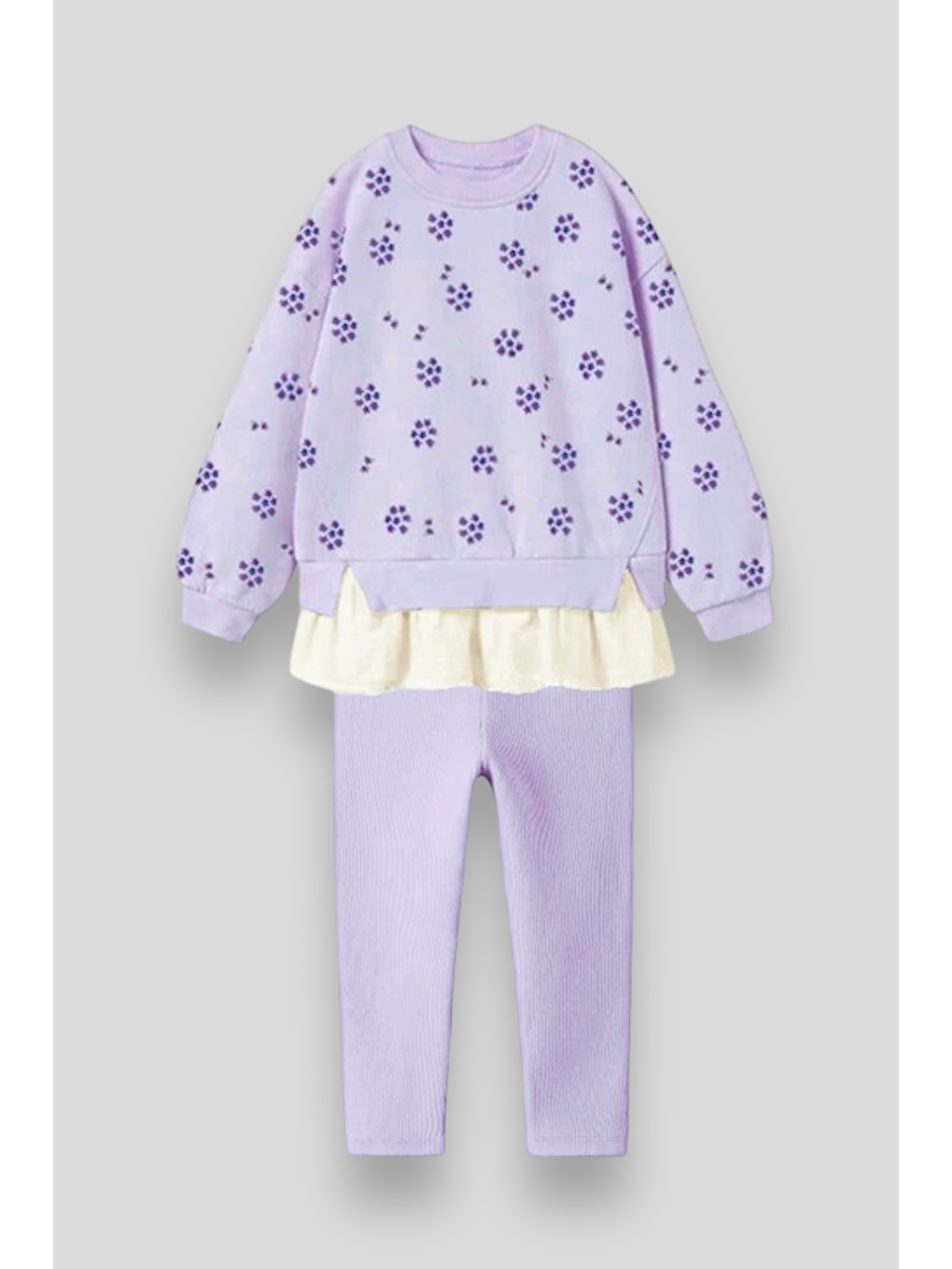 Mor Kız Çocuk Çiçek Desenli Pamuklu Sweatshirt Tayt Alt-Üst Takım