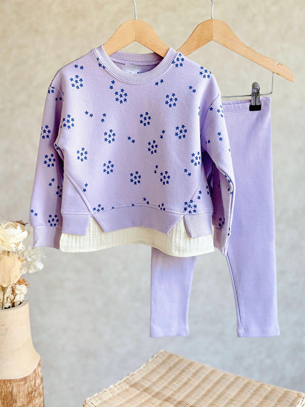 Mor Kız Çocuk Çiçek Desenli Pamuklu Sweatshirt Tayt Alt-Üst Takım-2