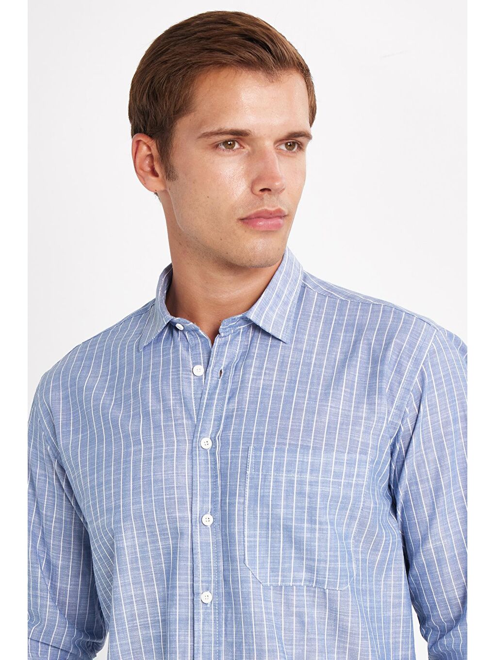 Erkek Regular Fit Klasik Kesim Uzun Kollu %100 Pamuk Keten Doku Tek Cepli Çizgili Mavi Gömlek-1