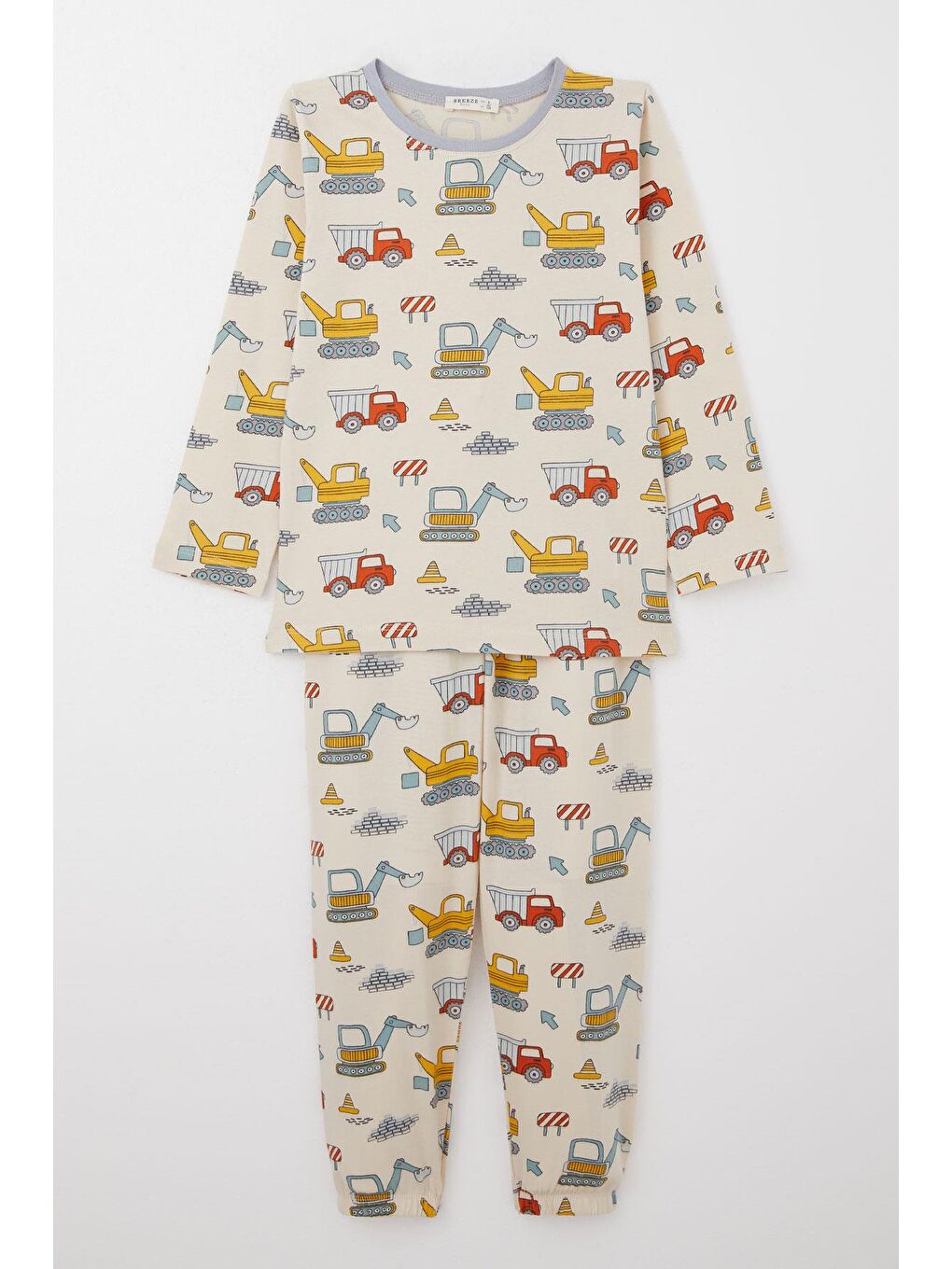 Ekru Erkek Çocuk Pijama Takımı İş Makineleri Desenli Krem (4-7 Yaş)