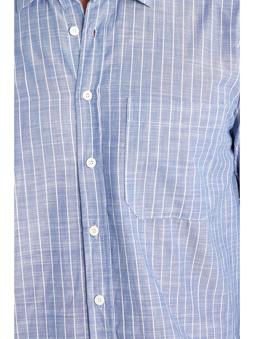 Erkek Regular Fit Klasik Kesim Uzun Kollu %100 Pamuk Keten Doku Tek Cepli Çizgili Mavi Gömlek-2