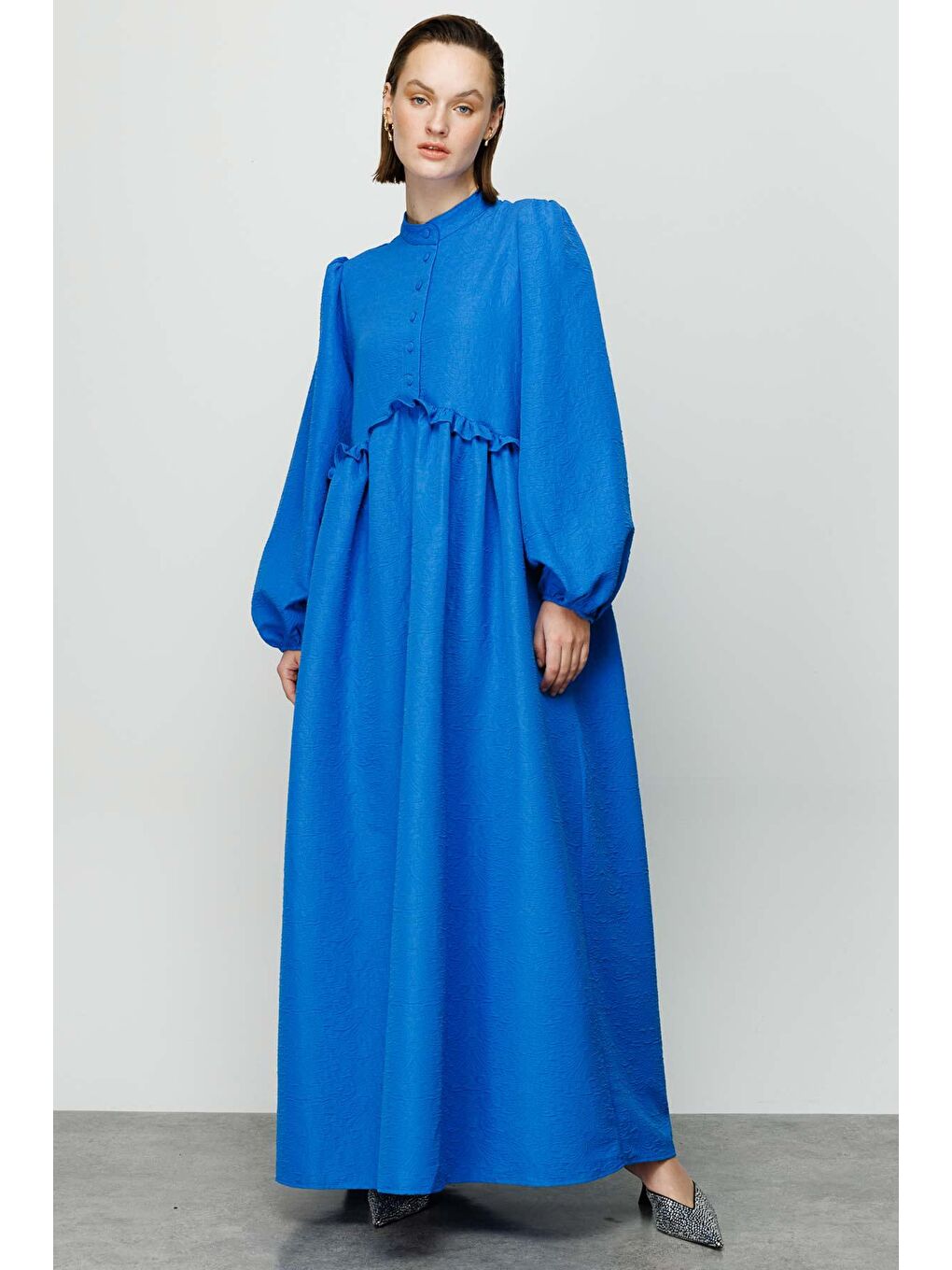 Fırfır Detaylı Yakalı Elbise - Saks Mavisi-1