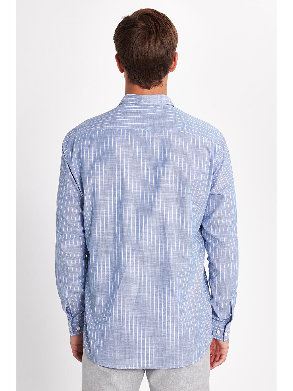 Erkek Regular Fit Klasik Kesim Uzun Kollu %100 Pamuk Keten Doku Tek Cepli Çizgili Mavi Gömlek-4