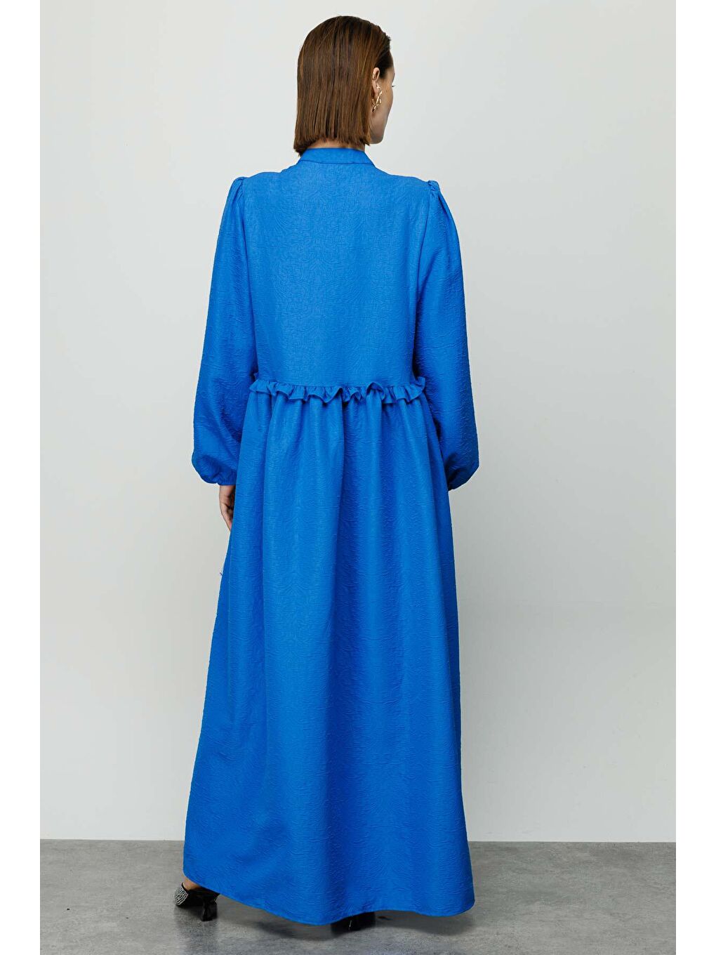 Fırfır Detaylı Yakalı Elbise - Saks Mavisi-2