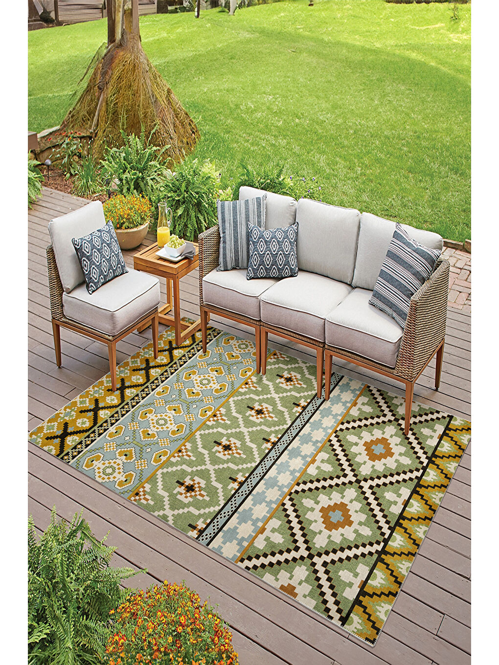 Sarı Dekoratif Salon Halısı, Makinada Yıkanabilir, Kaymaz Taban, İnce & Modern Tasarım-2