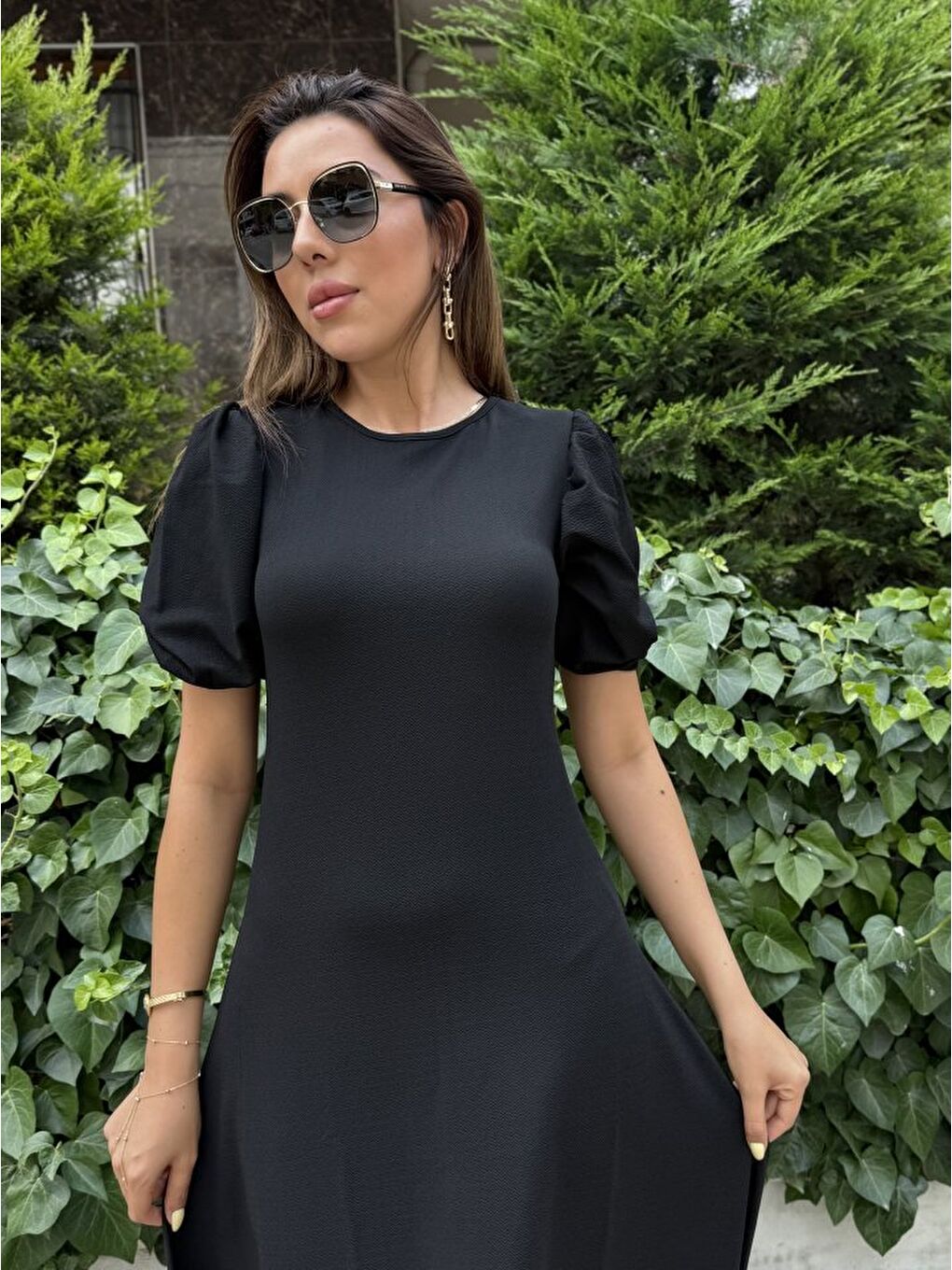 Siyah Kadın Kısa Balon Kollu Bisiklet Yaka Geniş Kesim Janjan Krep Elbise-2