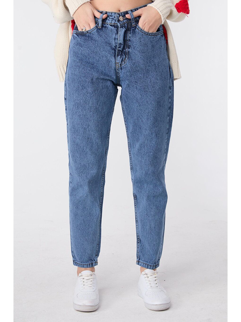 TOFİSA Düz Orta Kadın Mavi Yüksek Bel Mom Jeans - 23669 - 2