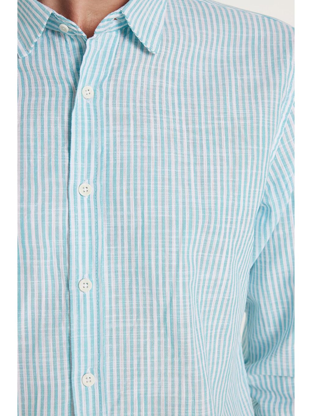 Erkek Slim Fit Dar Kesim Düğmeli Spor Yaka Keten Efekt %100 Pamuk Çizgili Yazlık Yeşil Gömlek-2