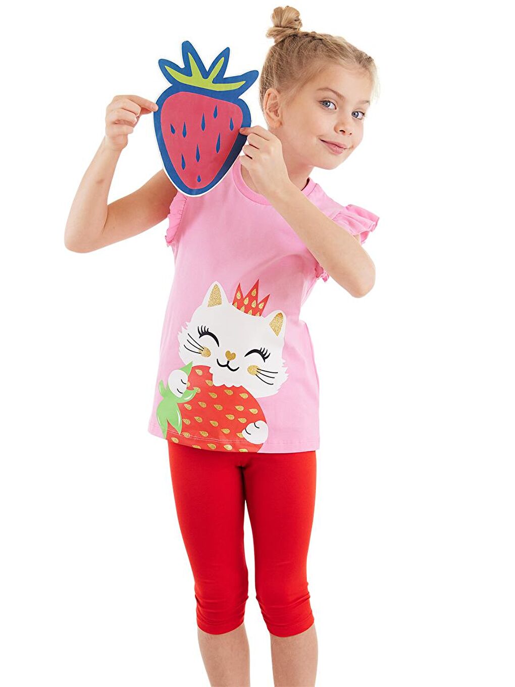 Denokids Pembe Çilek Kız Çocuk T-shirt Tayt Takım