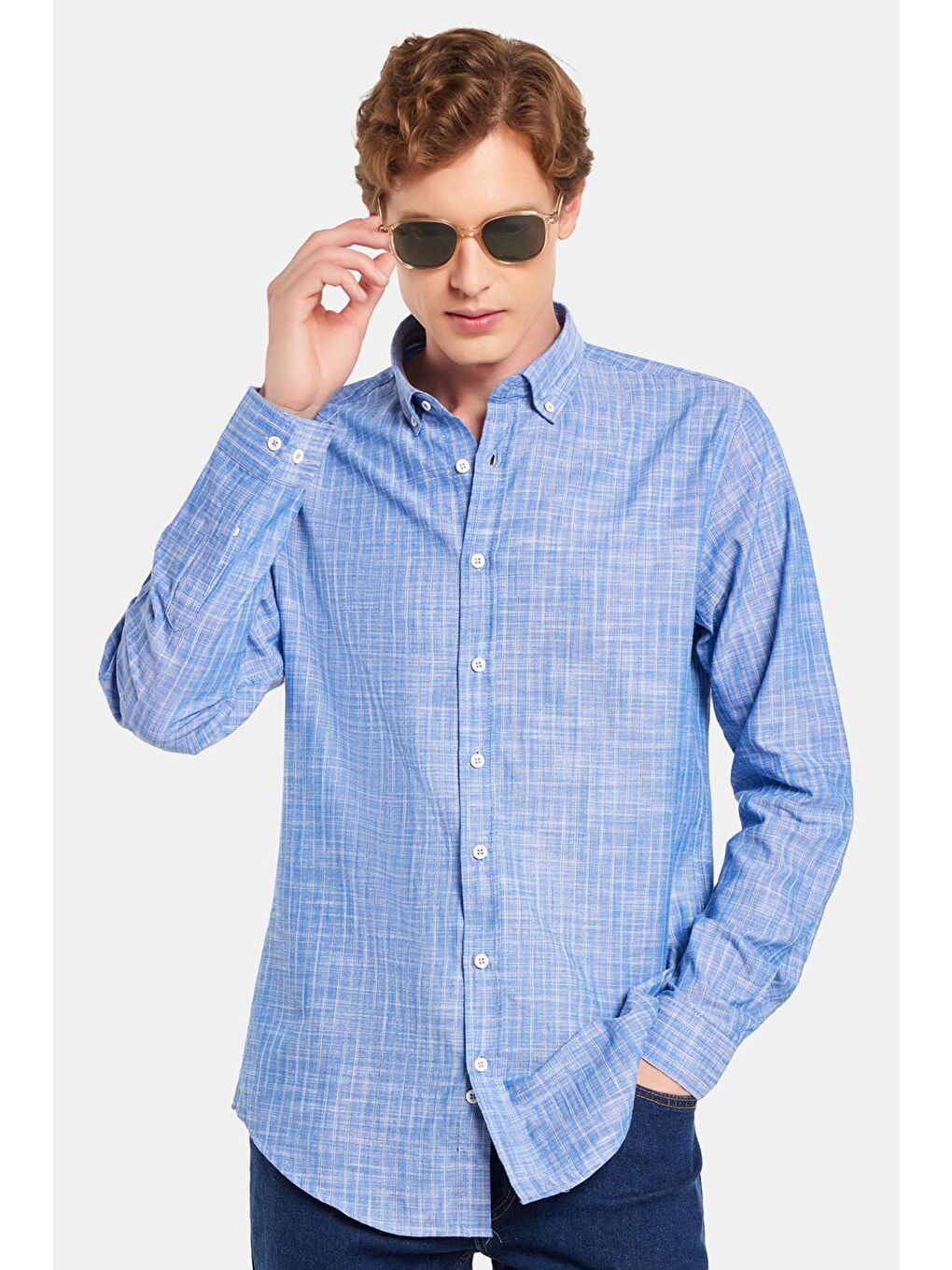 Erkek Slim Fit Dar Kesim Düğmeli Spor Yaka Keten Efekt %100 Pamuk Çizgili Yazlık Lacivert Gömlek