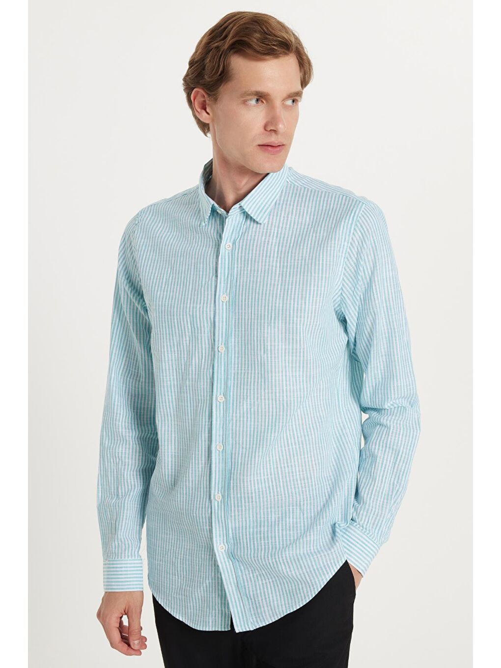 Erkek Slim Fit Dar Kesim Düğmeli Spor Yaka Keten Efekt %100 Pamuk Çizgili Yazlık Yeşil Gömlek-3