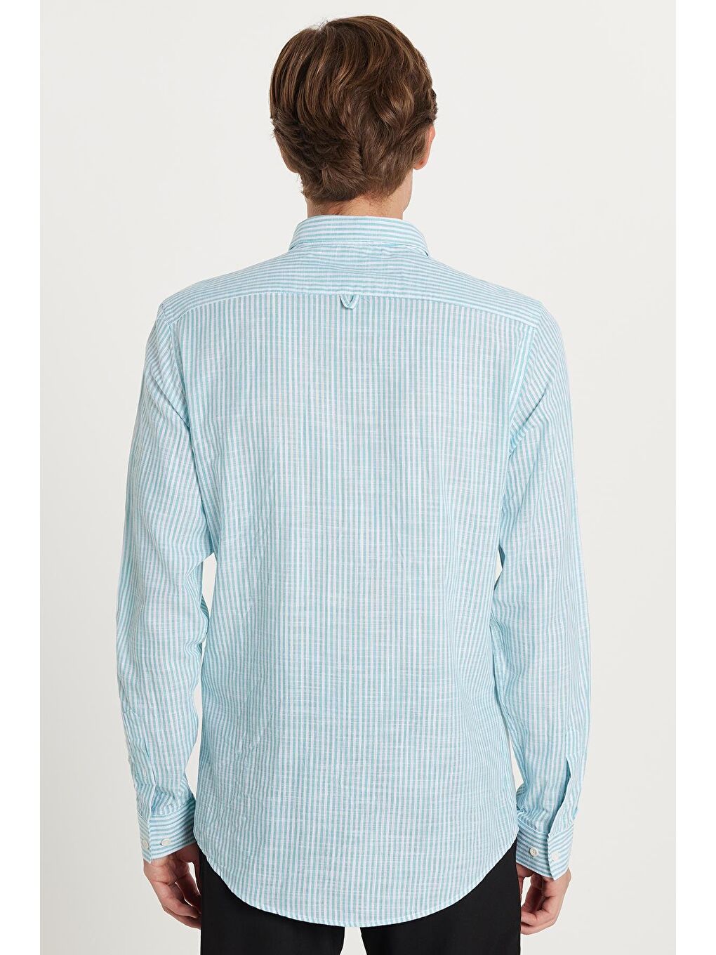 Erkek Slim Fit Dar Kesim Düğmeli Spor Yaka Keten Efekt %100 Pamuk Çizgili Yazlık Yeşil Gömlek-4