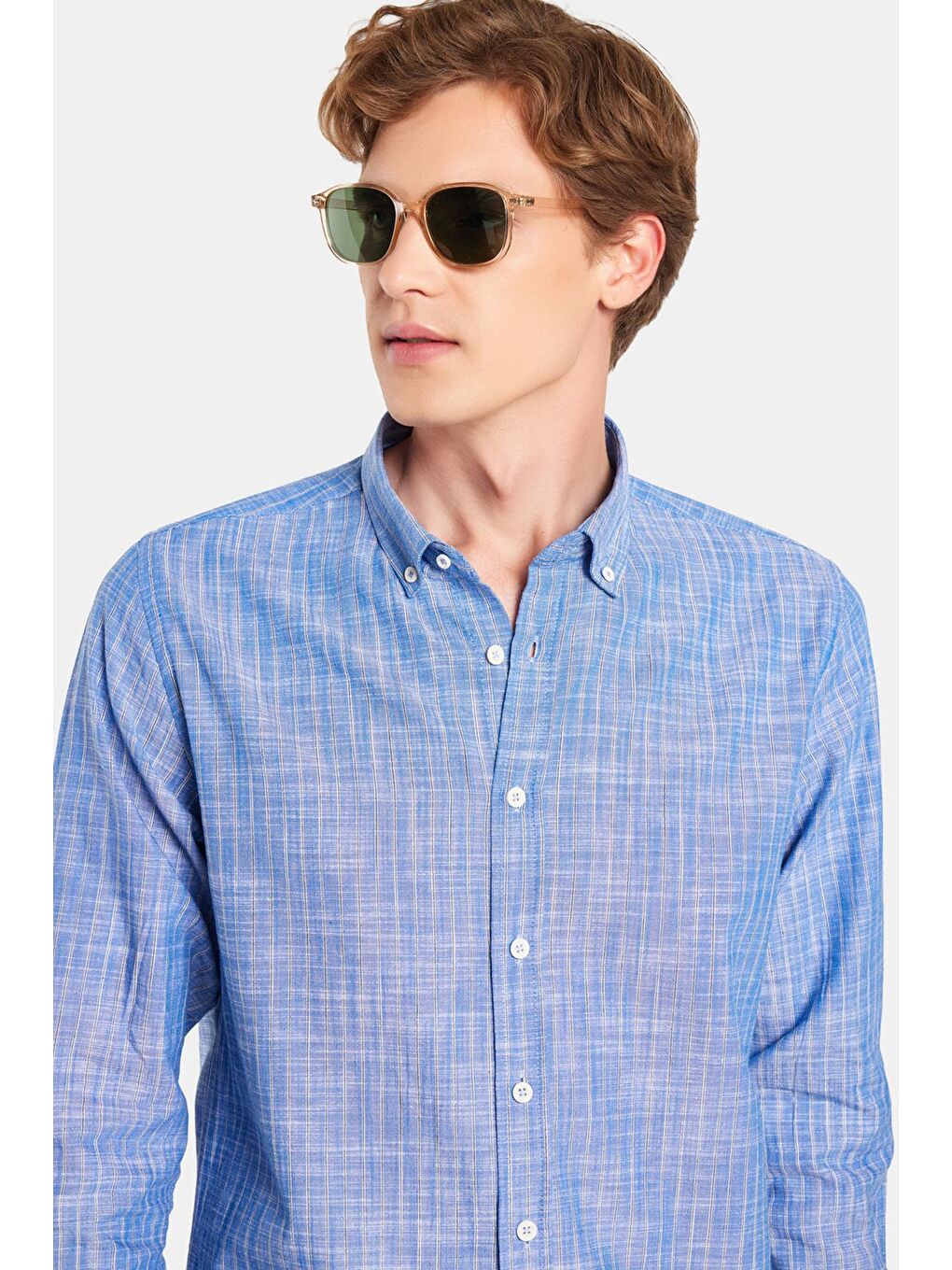 Erkek Slim Fit Dar Kesim Düğmeli Spor Yaka Keten Efekt %100 Pamuk Çizgili Yazlık Lacivert Gömlek-1