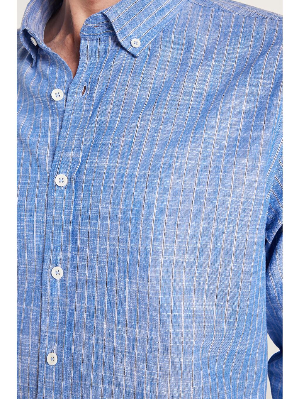 Erkek Slim Fit Dar Kesim Düğmeli Spor Yaka Keten Efekt %100 Pamuk Çizgili Yazlık Lacivert Gömlek-2
