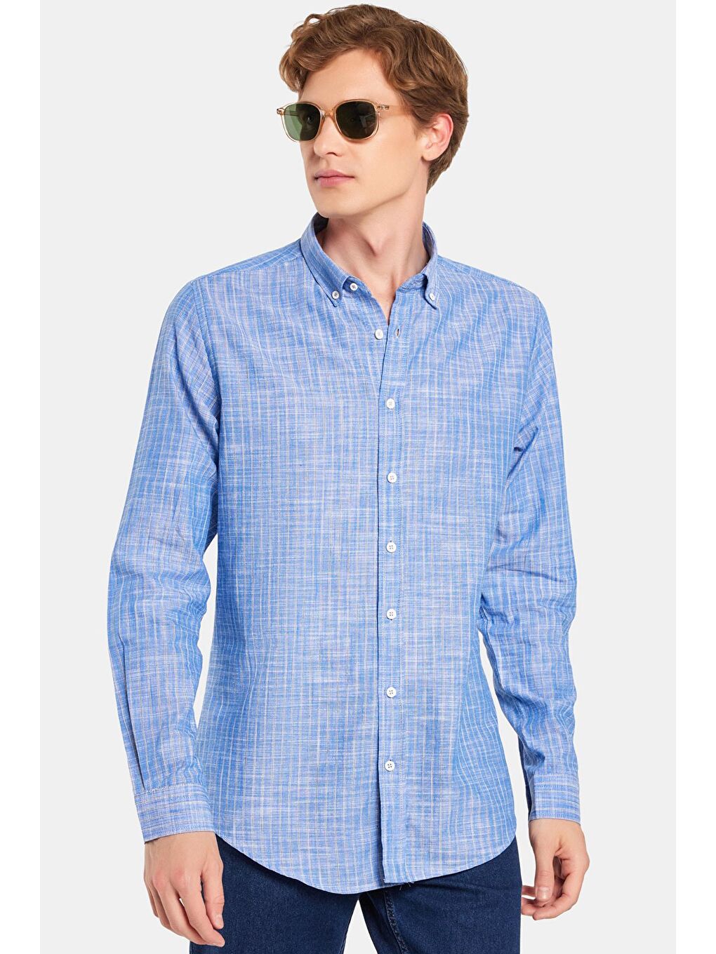 Erkek Slim Fit Dar Kesim Düğmeli Spor Yaka Keten Efekt %100 Pamuk Çizgili Yazlık Lacivert Gömlek-3