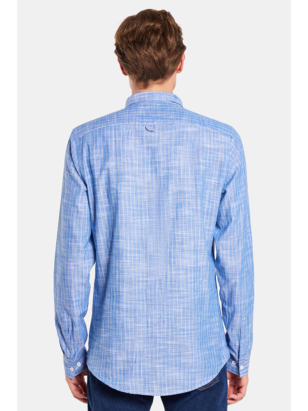 Erkek Slim Fit Dar Kesim Düğmeli Spor Yaka Keten Efekt %100 Pamuk Çizgili Yazlık Lacivert Gömlek-4