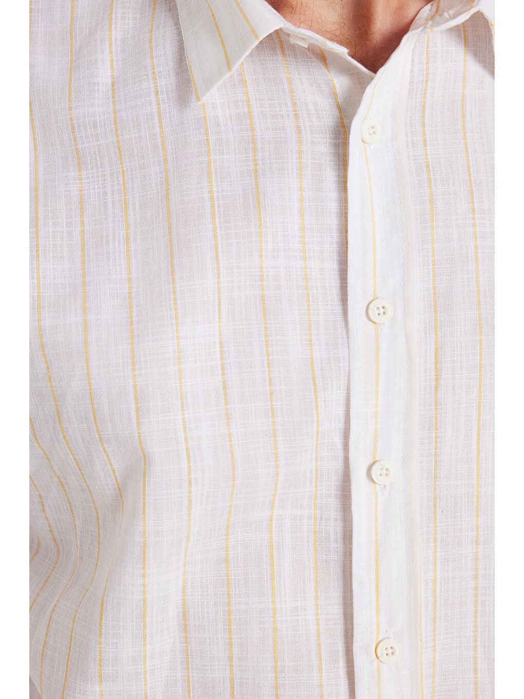 Erkek Slim Fit Dar Kesim Düğmeli Spor Yaka Keten Efekt %100 Pamuk Sarı Çizgili Yazlık Gömlek-2
