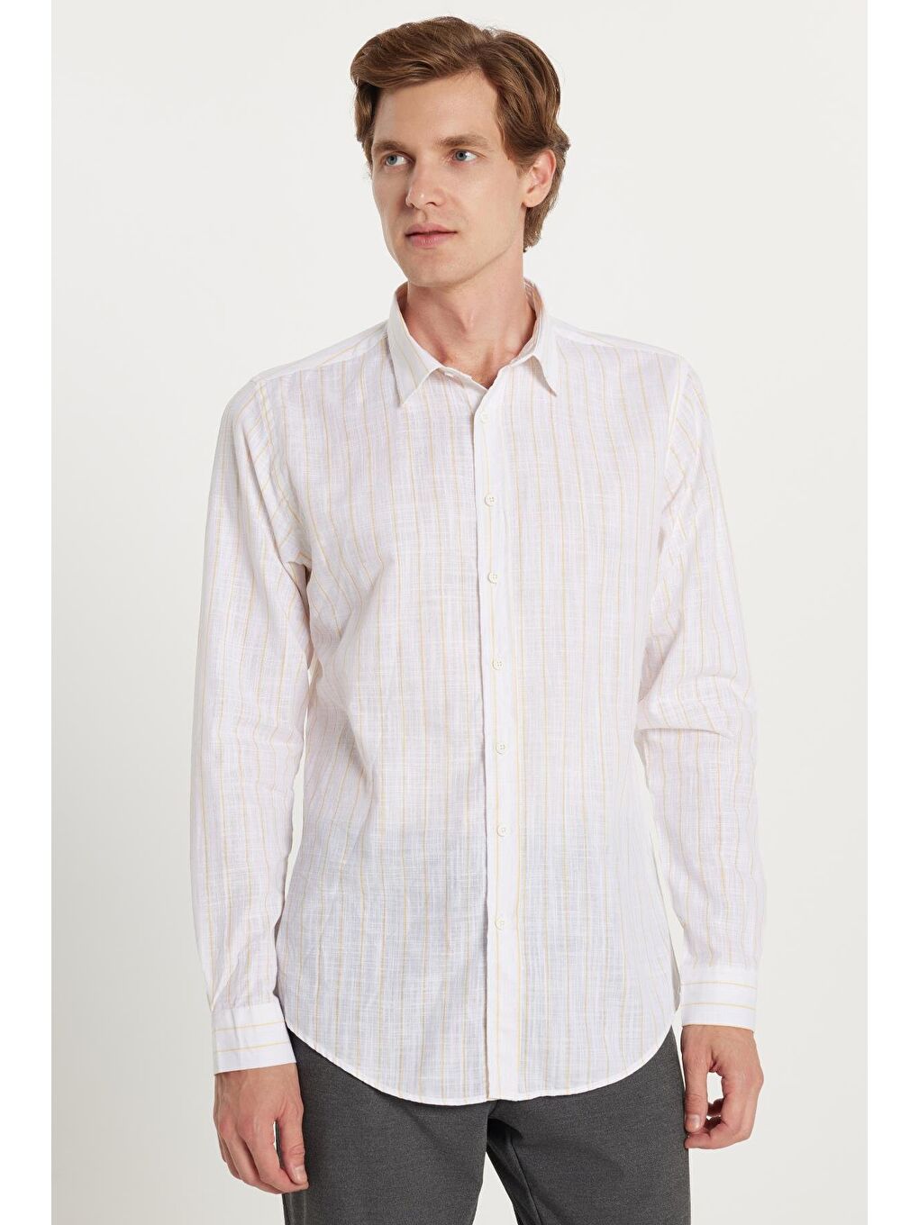 Erkek Slim Fit Dar Kesim Düğmeli Spor Yaka Keten Efekt %100 Pamuk Sarı Çizgili Yazlık Gömlek-3