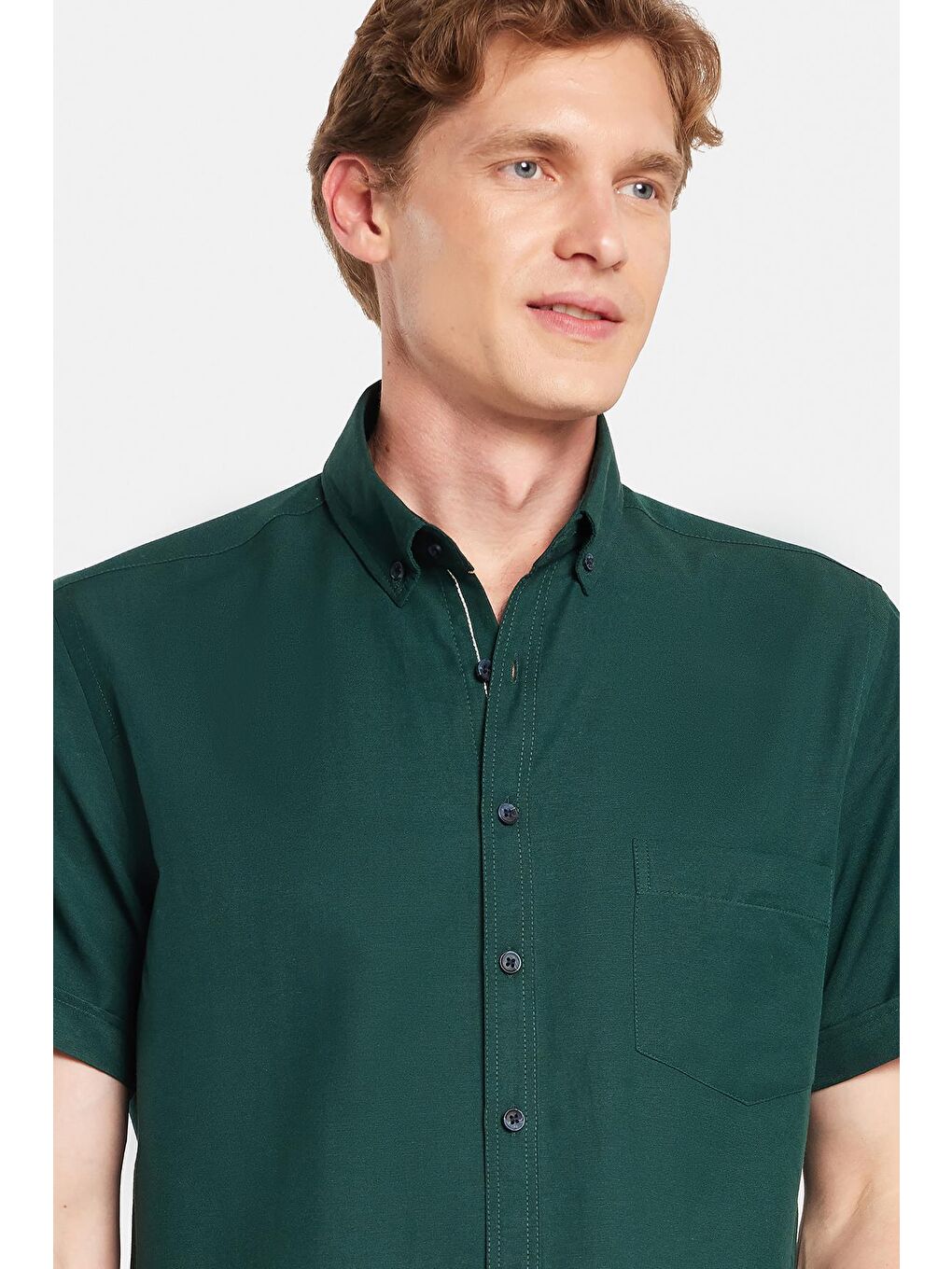 Erkek Klasik Regular Fit Rahat Kesim Düğmeli Spor Yaka Oxford Pamuklu Kısa Kol Yeşil Gömlek-1