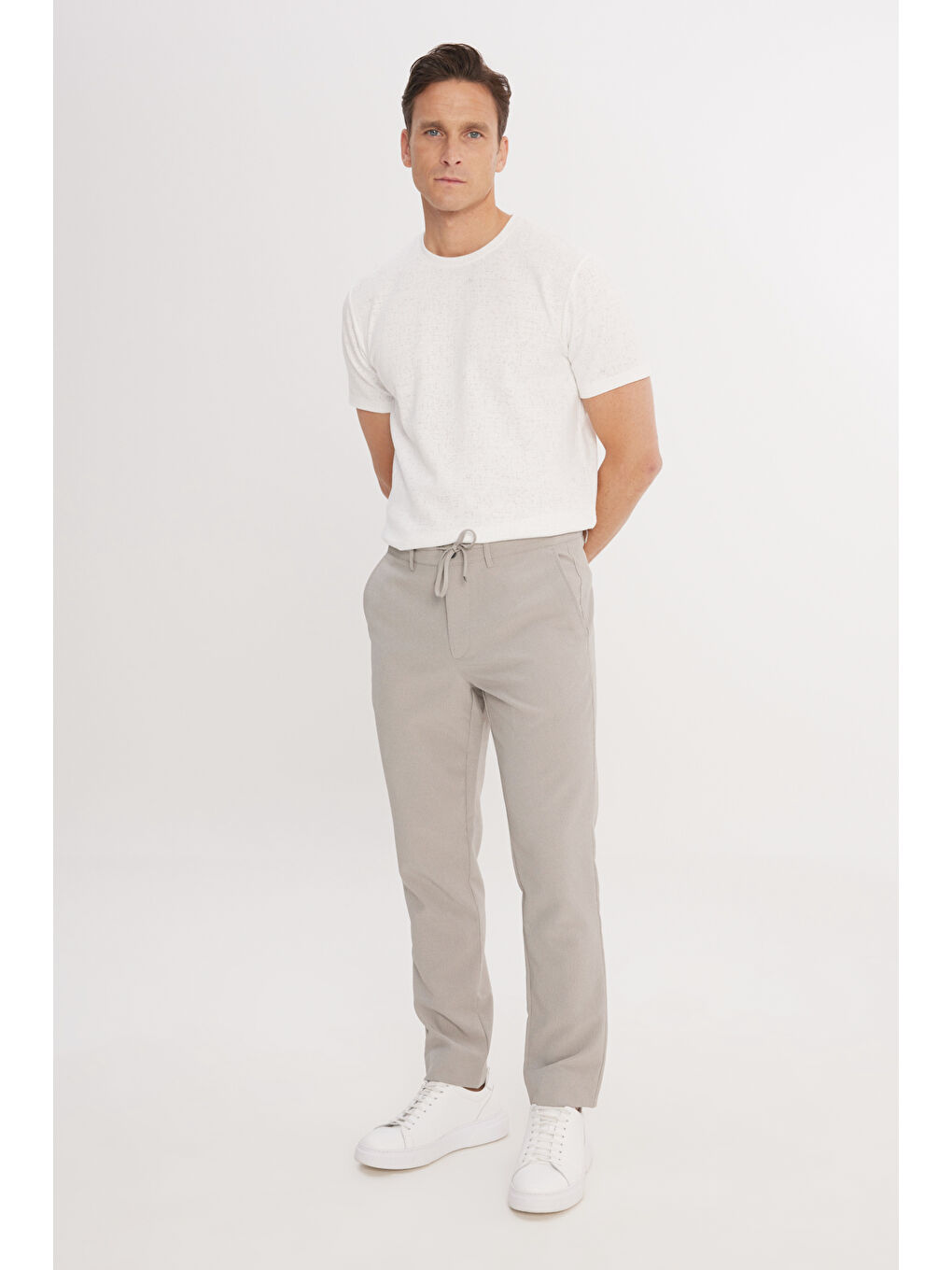 Erkek Açık Yeşil Slim Fit Dar Kesim Beli Bağlamalı Çizgili Yan Cepli Casual Jogger Pantolon-1