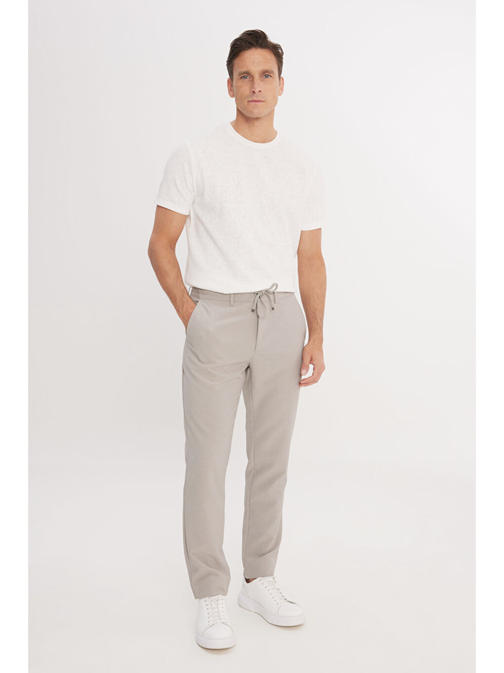 Erkek Açık Yeşil Slim Fit Dar Kesim Beli Bağlamalı Çizgili Yan Cepli Casual Jogger Pantolon-2